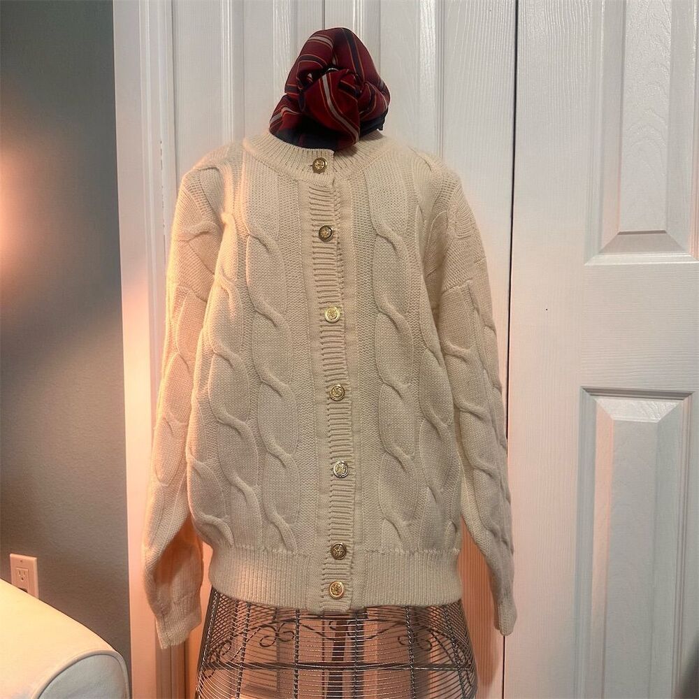 Vintage Norm Thompson Women's Wool Cable Knit , Cardigan Sweater Gold Buttons M